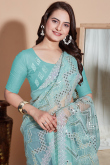 Mint Blue Sequins Embroidered Net Light Weight Saree
