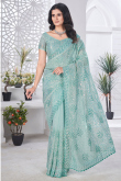 Mint Blue Sequins Embroidered Net Saree For Festival