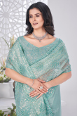 Mint Blue Sequins Embroidered Net Saree For Festival