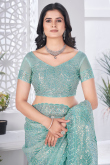 Mint Blue Sequins Embroidered Net Saree For Festival