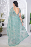 Mint Blue Sequins Embroidered Net Saree For Festival