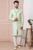 Mint Green Banarasi Silk Churidar Men's Sherwani