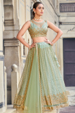 Mint Green Sequins Embroidered Net Lehenga For Mehndi 