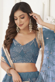 Mirror Embroidered Pastel Dark Blue Net Flared Style Lehenga