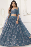 Mirror Embroidered Pastel Dark Blue Net Flared Style Lehenga