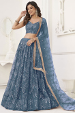 Mirror Embroidered Pastel Dark Blue Net Flared Style Lehenga