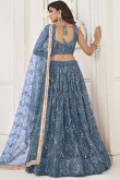 Mirror Embroidered Pastel Dark Blue Net Flared Style Lehenga