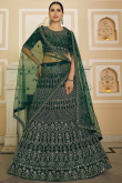 Mirror Work Embroidered Net Bottle Green Lehenga
