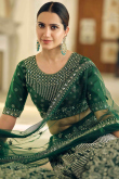 Mirror Work Embroidered Net Bottle Green Lehenga
