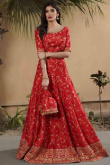 Mirror Work Embroidered Silk Tomato Red Wedding Lehenga