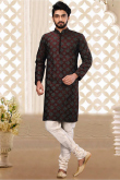 Thread Work Embroidered Dupion Silk Dark Brown Men Kurta Pajama for Wedding & Party
