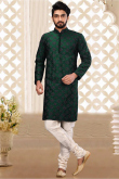 Thread Work Embroidered Dupion Silk Dark Green Men Kurta Pajama for Wedding & Party