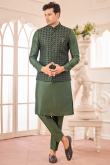 Moss Green Men's Silk Kurta Pajama With Embroidered Jacket