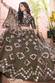 Moss Green Net Embroidered Lehenga With Faux Mirror Work