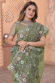 Moss Green Net Heavy Sequins Embroidery Saree 