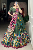 Moss Green Silk Printed Flared Style Lehenga