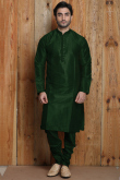 Raw Silk Kurta Pajama In Dark Green Colour