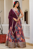 Sweetheart Neck Multi-Color Lehenga with Wine Dupatta