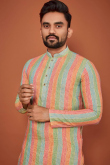 Multi Color Linen Sequins Embroidered Men's Kurta