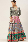 Multi Color Satin Bandhej Print A Line Lehenga