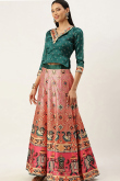 Multicolor Satin Lehenga with V-Neck Printed Blouse