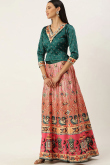 Multicolor Satin Lehenga with V-Neck Printed Blouse