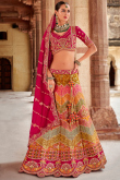 V Neck Multi-Color Silk Lehenga with Ruby Viscose Dupatta
