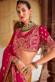 V Neck Multi-Color Silk Lehenga with Ruby Viscose Dupatta