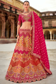 Multi-Color Silk Lehenga with V Neck Blouse & Ruby Dupatta