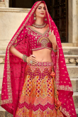 Multi-Color Silk Lehenga with V Neck Blouse & Ruby Dupatta