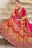 Multi-Color Silk Lehenga with V Neck Blouse & Ruby Dupatta