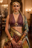 Multi-Color Silk Lehenga with V Neck Blouse & Muqayyash Work