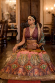 Multi-Color Silk Lehenga with V Neck Blouse & Muqayyash Work