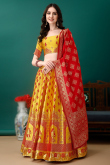 Mustard Yellow Art Silk Woven Zari Panelled Style Lehenga