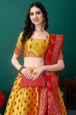 Mustard Yellow Art Silk Woven Zari Panelled Style Lehenga