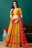Mustard Yellow Art Silk Woven Zari Panelled Style Lehenga