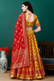 Mustard Yellow Art Silk Woven Zari Panelled Style Lehenga