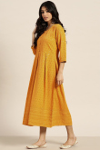 Kurti for Casual Wear in Cotton Mustard Yellow with Thread Work