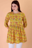 Mustard Yellow Cotton Printed Short Casual Wear Kurti 