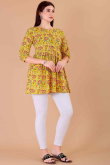 Mustard Yellow Cotton Printed Short Casual Wear Kurti 