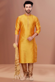 Yellow Dupion Silk Embroidered Men Kurta Pajama