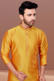 Yellow Dupion Silk Embroidered Men Kurta Pajama