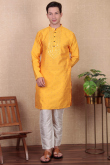 Mustard Yellow Dupion Silk Embroidered Straight Cut Men's Kurta Pajama