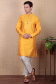 Mustard Yellow Dupion Silk Embroidered Straight Cut Men's Kurta Pajama