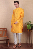 Mustard Yellow Dupion Silk Embroidered Straight Cut Men's Kurta Pajama
