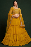 Mustard Yellow Embroidered Chinnon Georgette Flared Lehenga