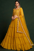 Mustard Yellow Embroidered Chinnon Georgette Flared Lehenga