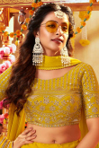 Georgette Mustard Yellow Zari Embroidered Lehenga for Party 