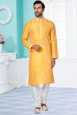 Mustard Yellow Jacquard Churidar Men Kurta Pajama