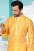 Mustard Yellow Jacquard Churidar Men Kurta Pajama